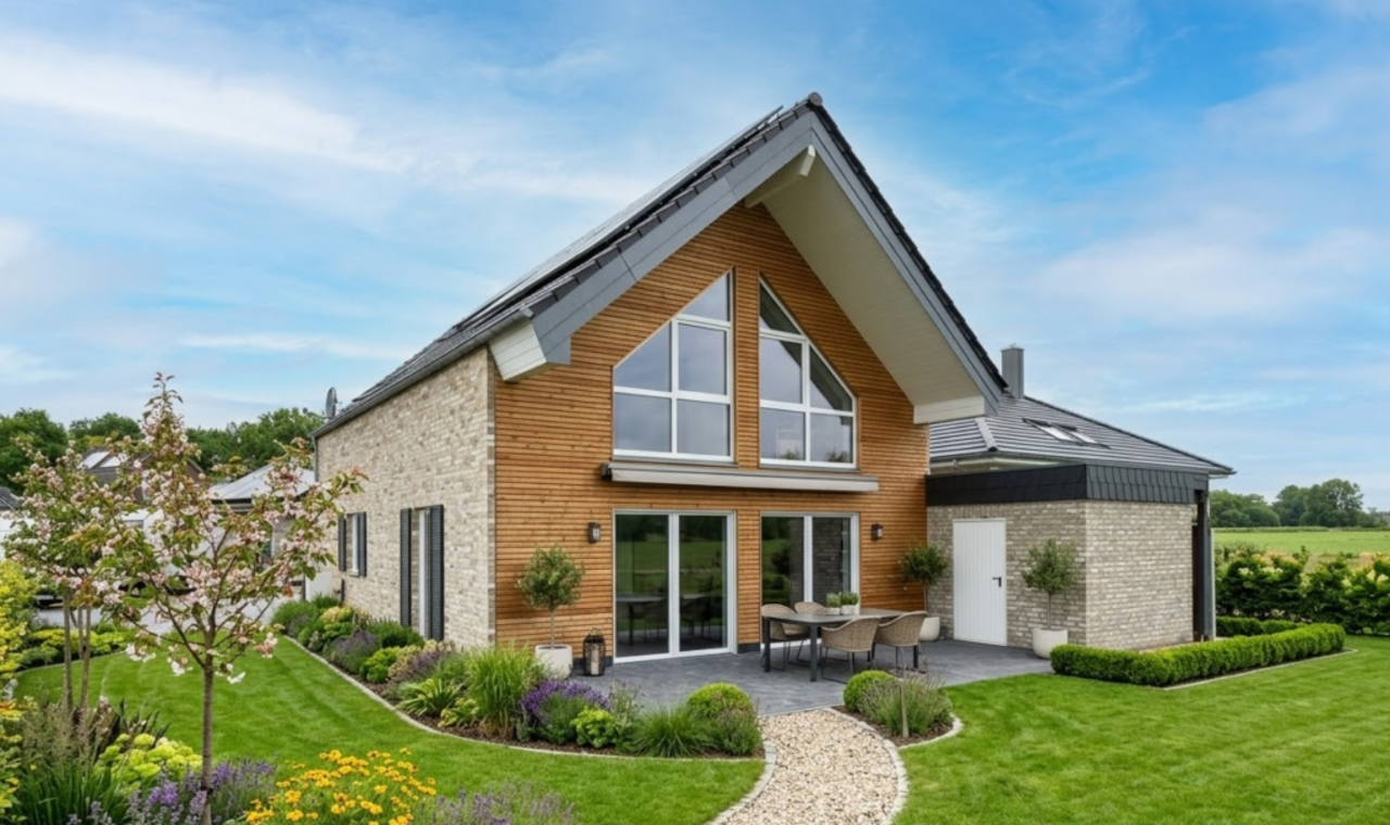 Musterhaus mit Gartengestaltung - Verklinkert